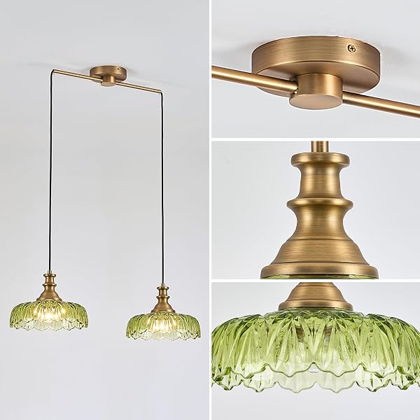 HDDFL VINTAGE PENDANT LIGHTING FIXTURES MODERN GLASS HANGING LAMP WITH ADJUSTABLE CORD FOR KITCHEN ISLAND DINING ROOM HALLWAY 2 LIGHT BRASS AND GREEN