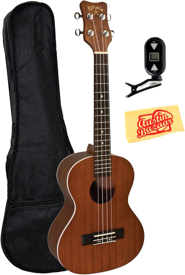 Kohala Akamai AK-T Mahogany Tenor Ukulele Bundle with Gig Bag, Digital Tuner, and Polishing Cloth - Natural