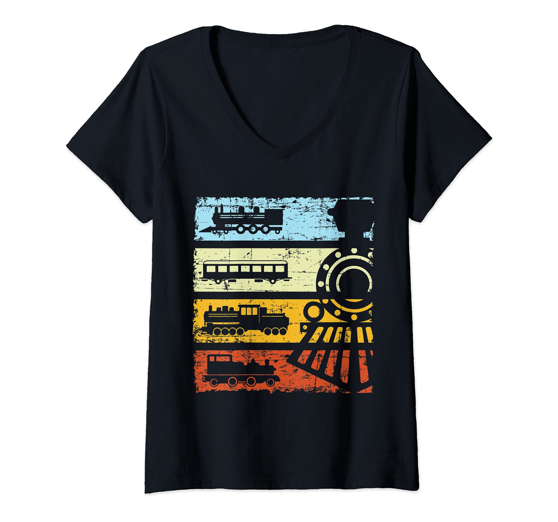 Womens Vintage Train T-shirt Railway Locomotive Retro Train V-Neck T-Shirt