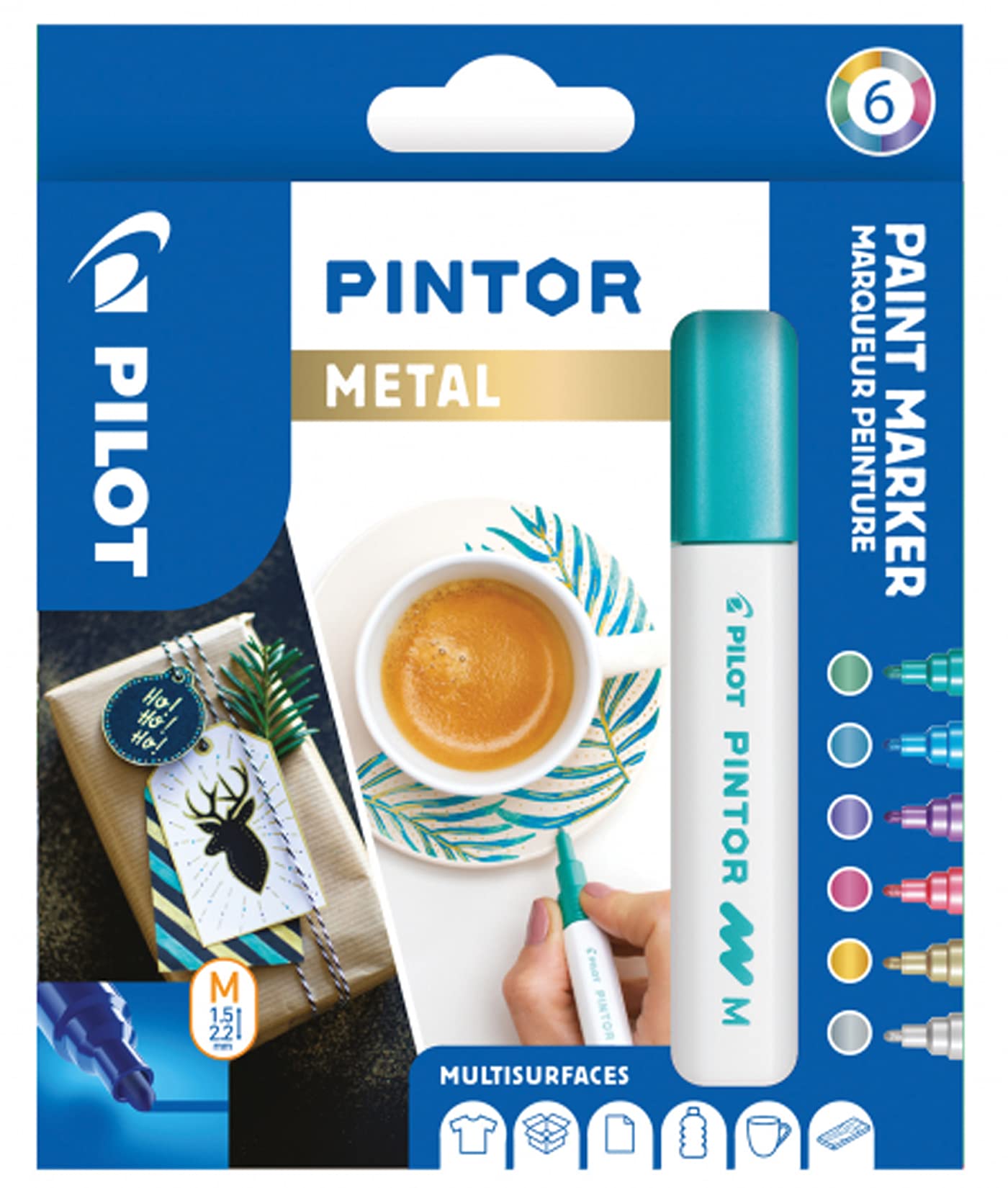 Pilot - Pintor, Wallet of 6 Creative Multi-Surface Water-Based Permanent Markers - Quick Dry - For Fabrics, Glass, Wood, Stone, DIY/Amateur Artists - Medium Tip - Assorted Metallic Colors