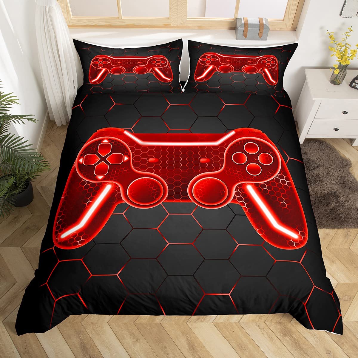 Loussiesd Cool Bedding for Teenager Double Bedding Gamer Red Black Gamepad Bedding Boys Bedding Gaming Game Controller Bedding Set 3pcs Include 1 Duvet Cover and 2 Pillowcase — image 1