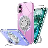 SURPHY 360° Magnetic Stand for iPhone 16 Plus Case with Finger Ring, Compatible with MagSafe, with Screen Protector, Ring Stand and Finger Phone Case for 16 Plus 6.7 inch 2024, Clear