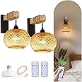 Espossi Battery Operated Wall Sconce, Wireless Sconces Set of 2 with Remote Control, Boho Rattan Wall Sconces Battery Operated, Battery Wall Sconce for Bedrooms, Living Room, Hallway