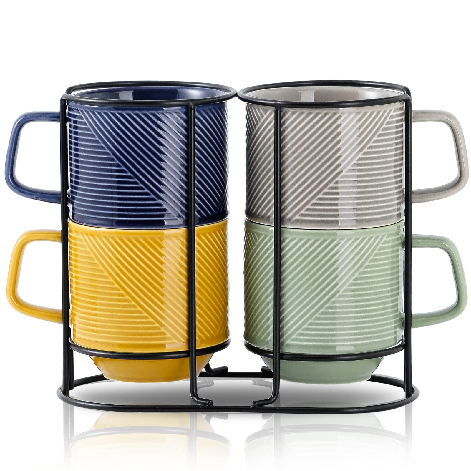 Stackable Coffee Mugs with Rack Ceramic Coffee Mugs Set of 4 for  Latte/Cappu... | eBay