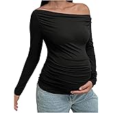 SHENHE Women's Maternity Tops Dressy Off Shoulder Long Sleeve Shirt Ruched Fall Maternity Clothes