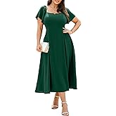 RWJ Plus Size Dresses for Women Formal Cocktail Elegant V Neck Short Sleeve Summer Wedding Guest Maxi Dress with Pocket