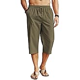 COOFANDY Men's Linen Capri Pants Casual Lightweight 3/4 Baggy Pants Drawstring Elastic Waist Beach Yoga Pants with Pockets