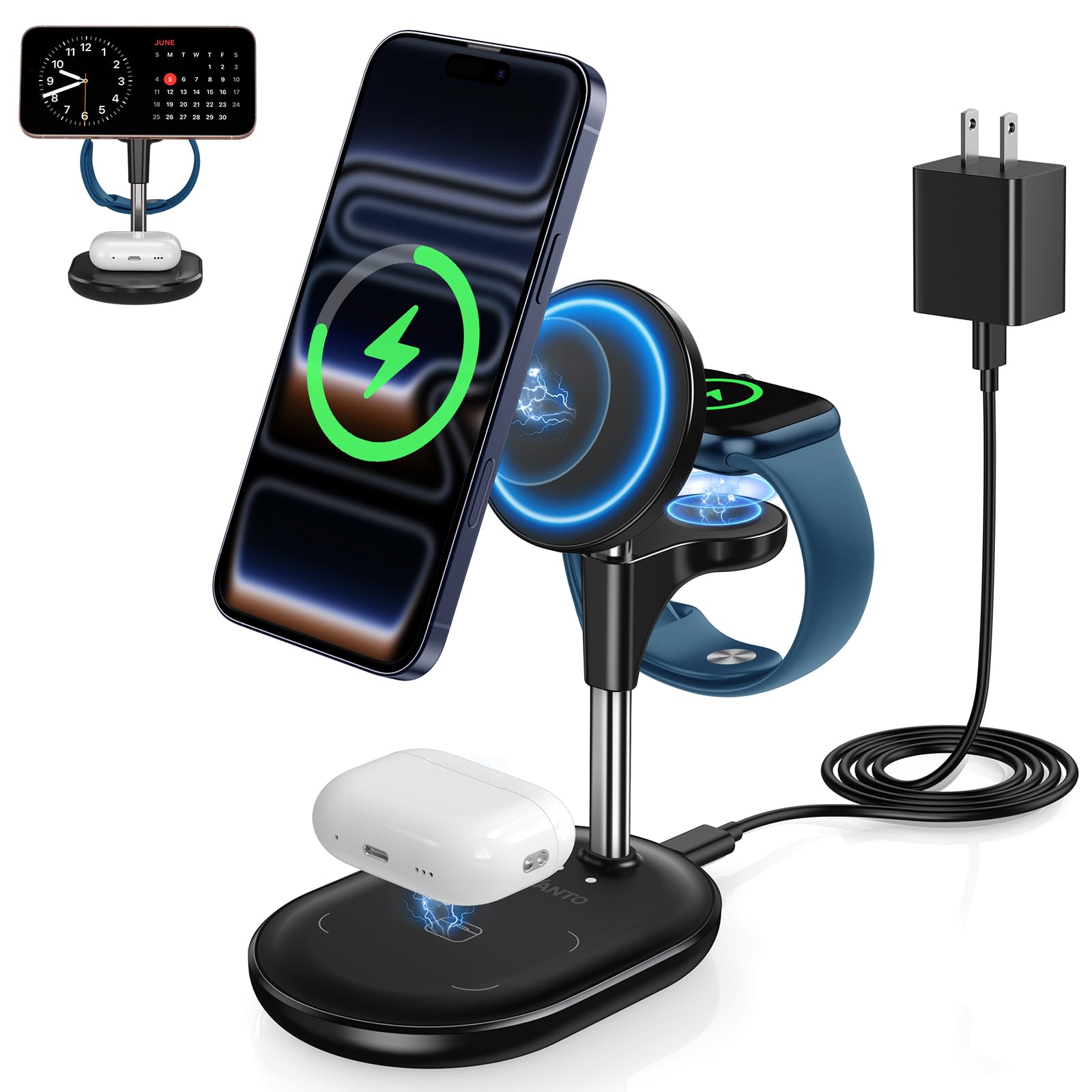 Photo 1 of Hevanto 3 in 1 Wireless Charging Station for Apple MagSafe Charger, 15W Fast Qi-Certified Magnetic Mag-Safe Charger Stand for iPhone 17 16 15 14 13 12 Apple Watch AirPods Series, Gifts for Men