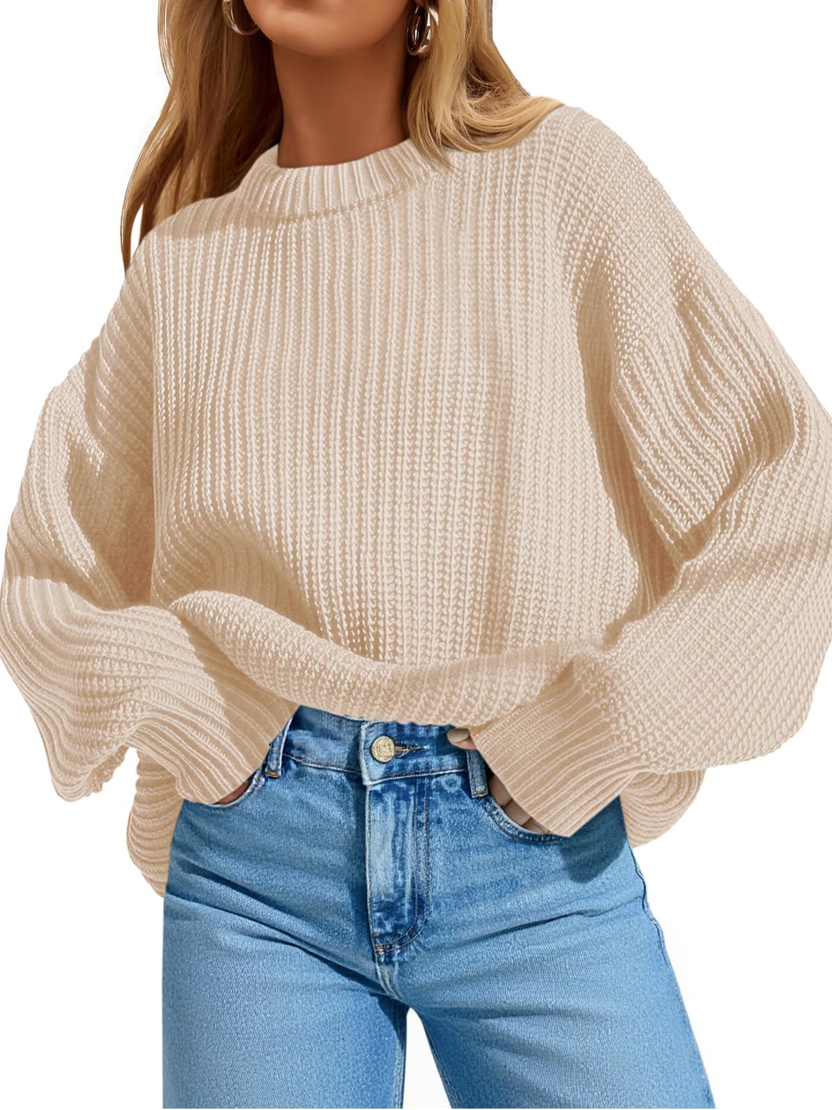 Photo 1 of Saodimallsu Womens Oversized Sweater Long Sleeve Crewneck Ribbed Knit Pullover 2025 Fall Casual Chunky Trendy Sweaters Apricot