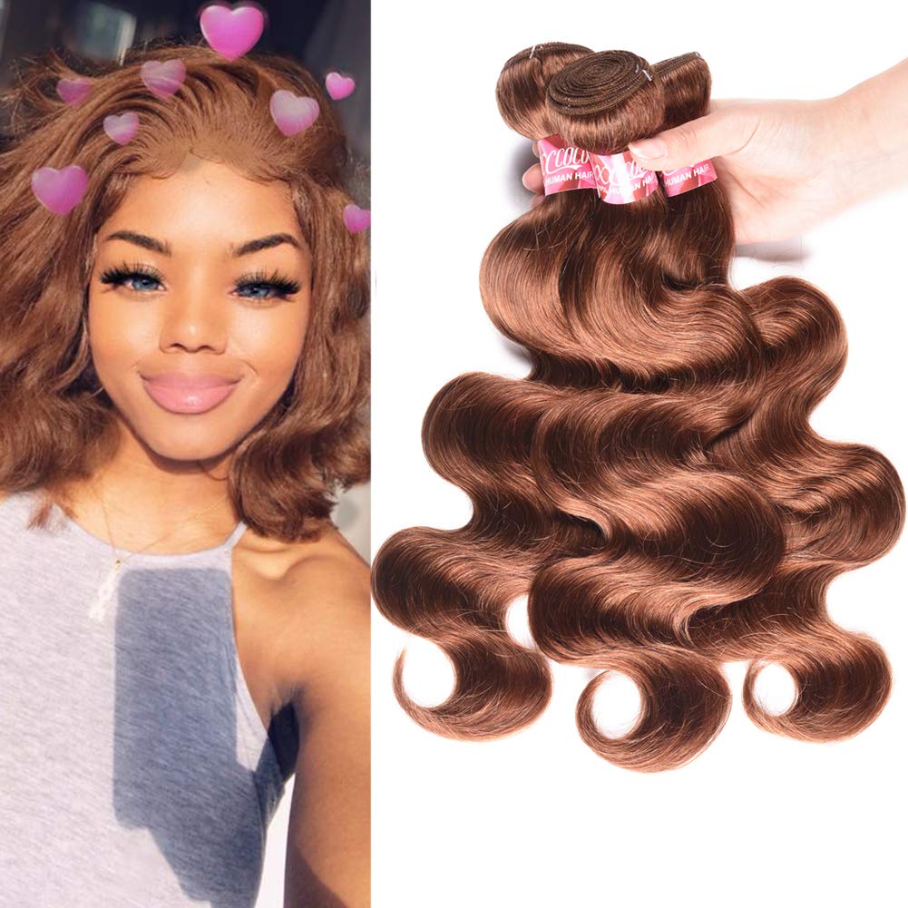 Brazilian Body Wave Human Hair 3 Bundles 22 22 24 Remy Hair Weaves Extensions #30 Light Auburn Brown