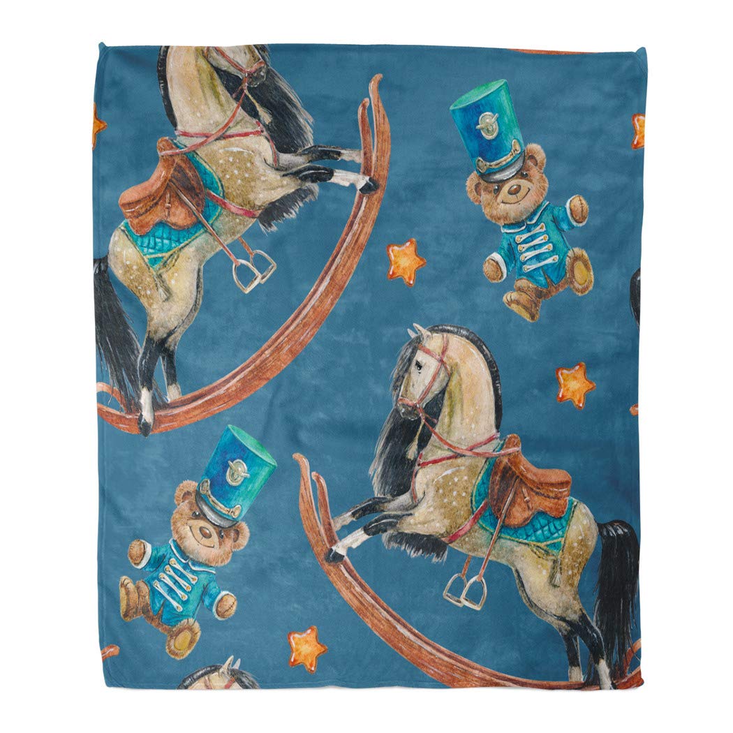 Suninapril Throw Blanket Flannel 50 X 60 Inches Rocking Horse Teddy Bear Ancient Antique Army Band Barrel Boys for Couch Sofa Bed Comfortable Warm Cozy Print Luxury Suitable for All Season