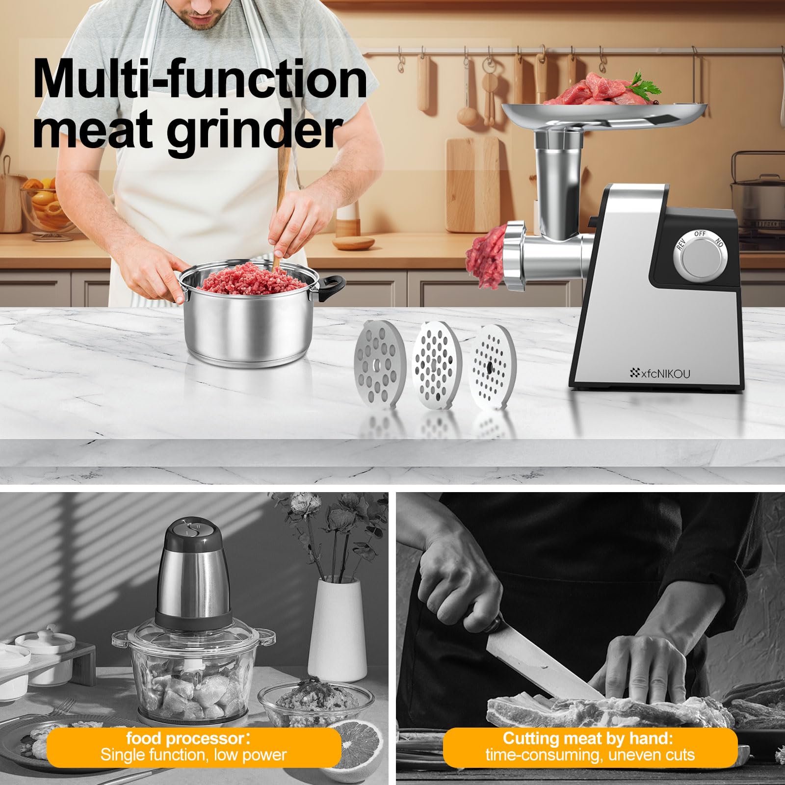 Electric Meat Grinder, 2800W Max Sausage Stuffer,Stainless Steel Meat Mincer With 2 Blades, 3 Plates, Sausage Tube And Kubbe Kit For Home Kitchen Use