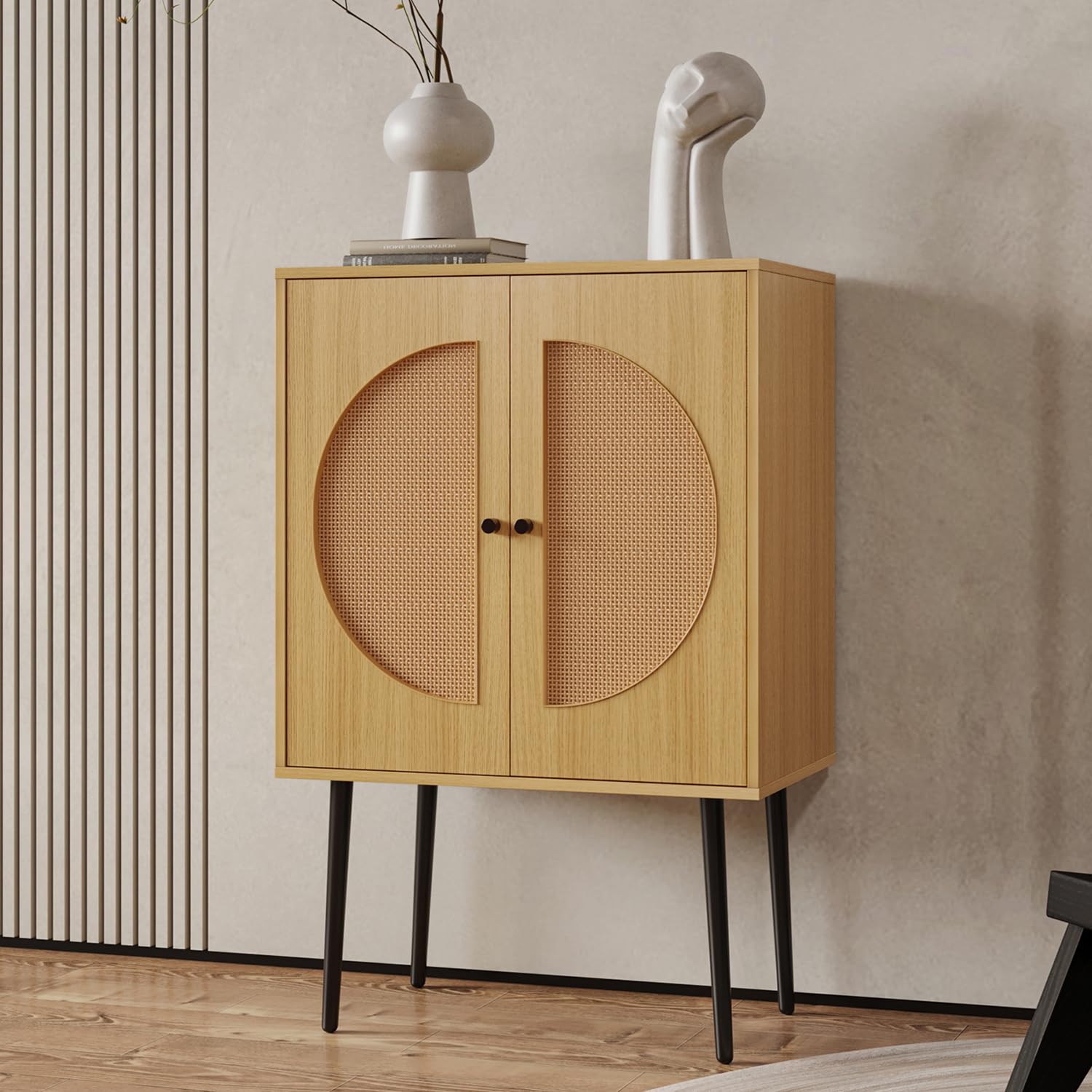 Photo 1 of **MINOR CORNER CRACKING ON SHELF backing** COVERIULULU Sideboard Buffet Kitchen Storage Cabinet with PE Rattan Decor Doors, Cupboard Console Table for Living Room, Dining Room, Hallway, Kitchen, 26.77 x 15.75 x 40.94 inch, Espresso