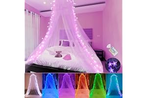 Obrecis Bed Canopy with LED Star Lights, Princess Canopy Bed Curtain with 18 Colors Changing String Lights Remote Timer for Girls Bedroom, Pink Red Blue White Dome Canopy for Twin to King Size Bed