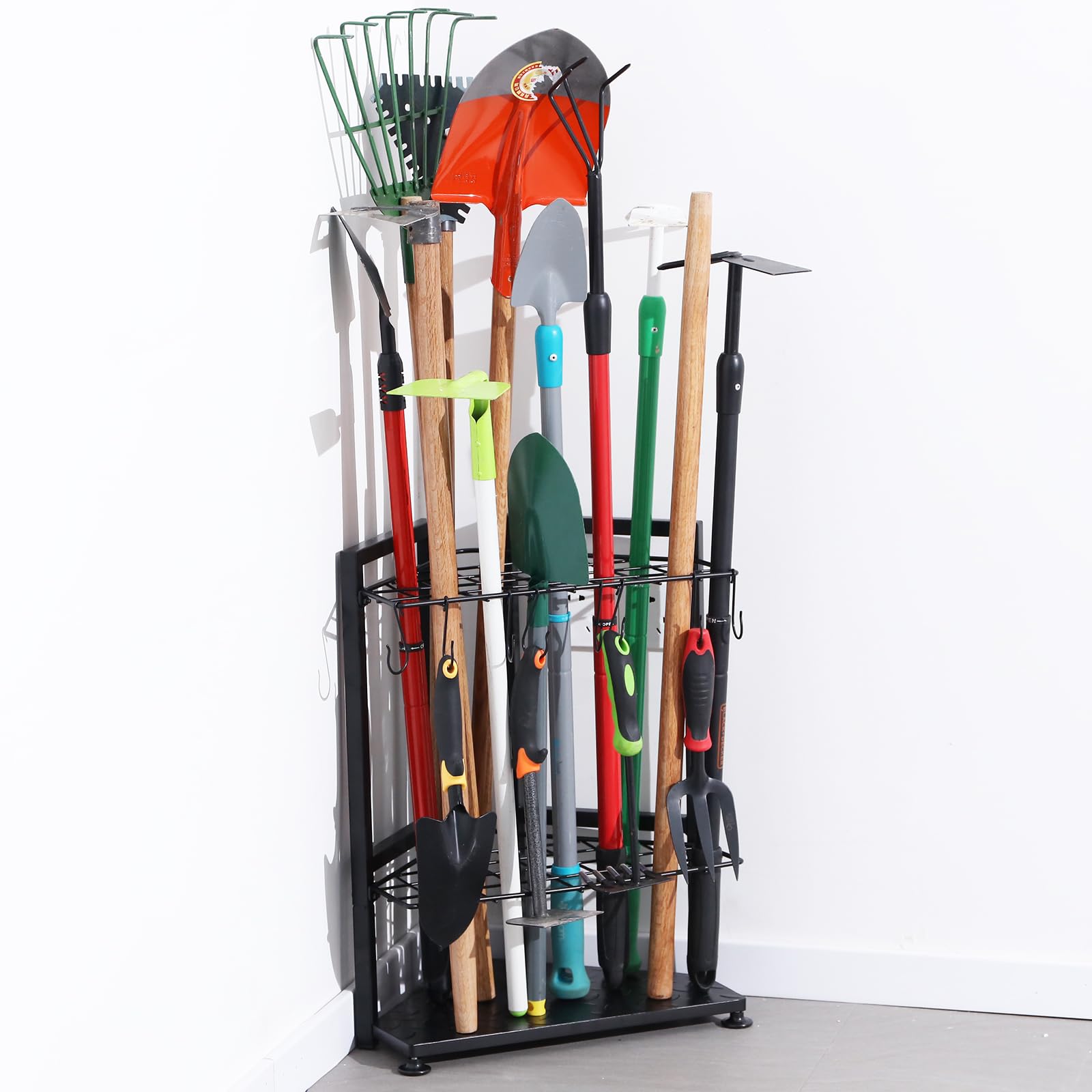 Photo 1 of Garden Tool Organizer for Corner,Yard Tools Rack for Garage Storage Organization,Garage Tool Holder Free Standing No Mount.Heavy Duty and Solid Metal for Indoor and Outdoor Use.