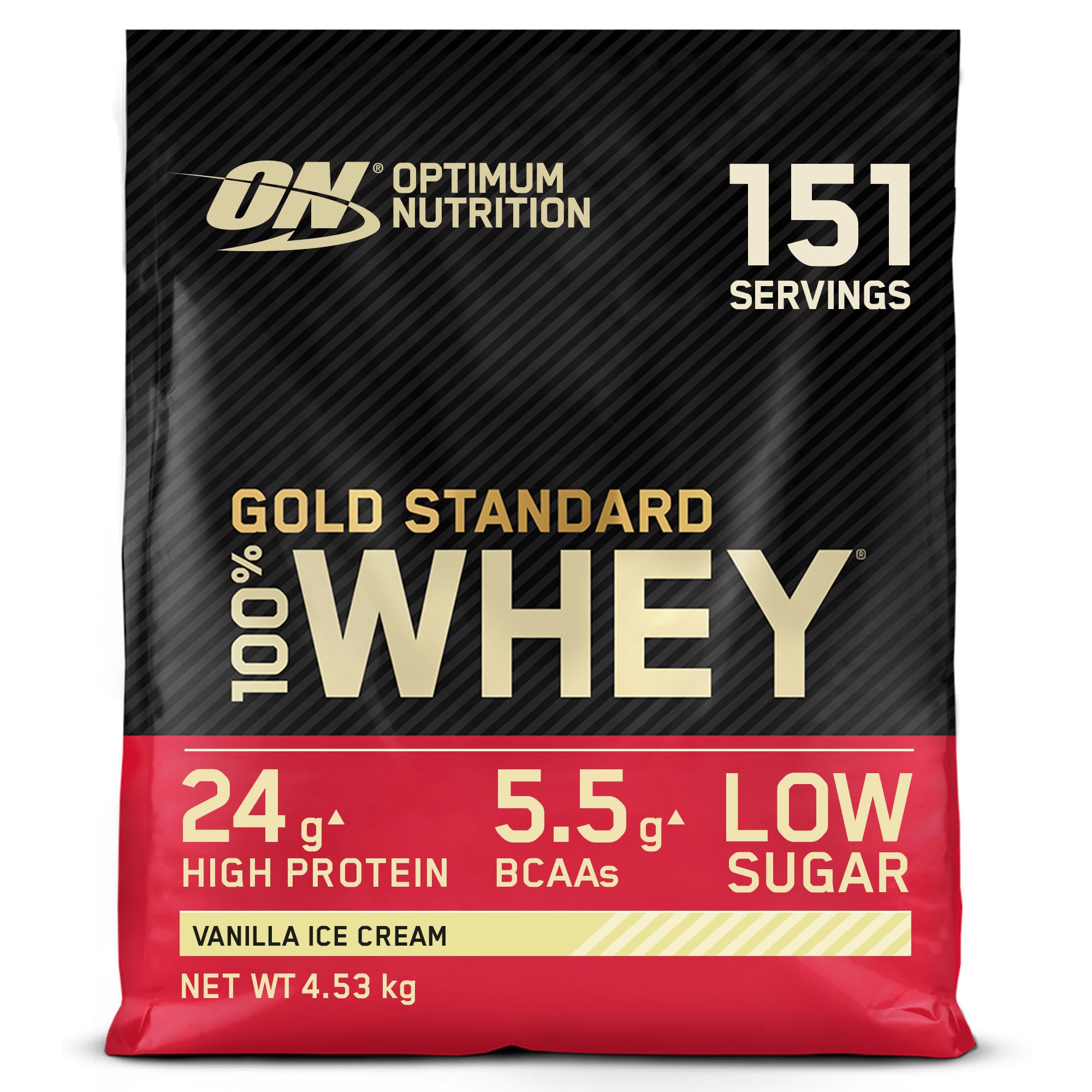 Optimum Nutrition Gold Standard 100% Whey Muscle Building and Recovery Protein Powder with Naturally Occurring Glutamine and BCAA Amino Acids, Vanilla Ice Cream Flavour, 151 Servings, 4.53 kg