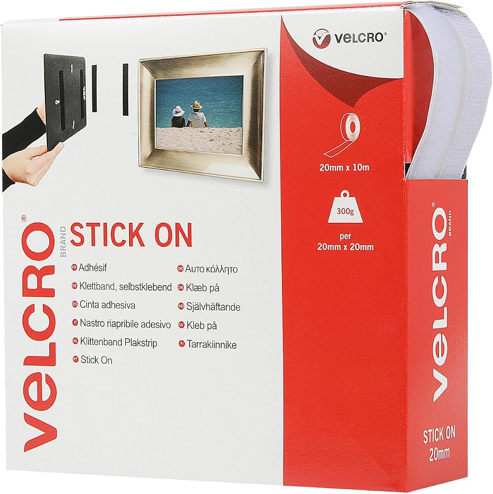 VELCRO Brand Stick On Tape 20mm x 10m White Cut-to-Length Strong Hook & Loop