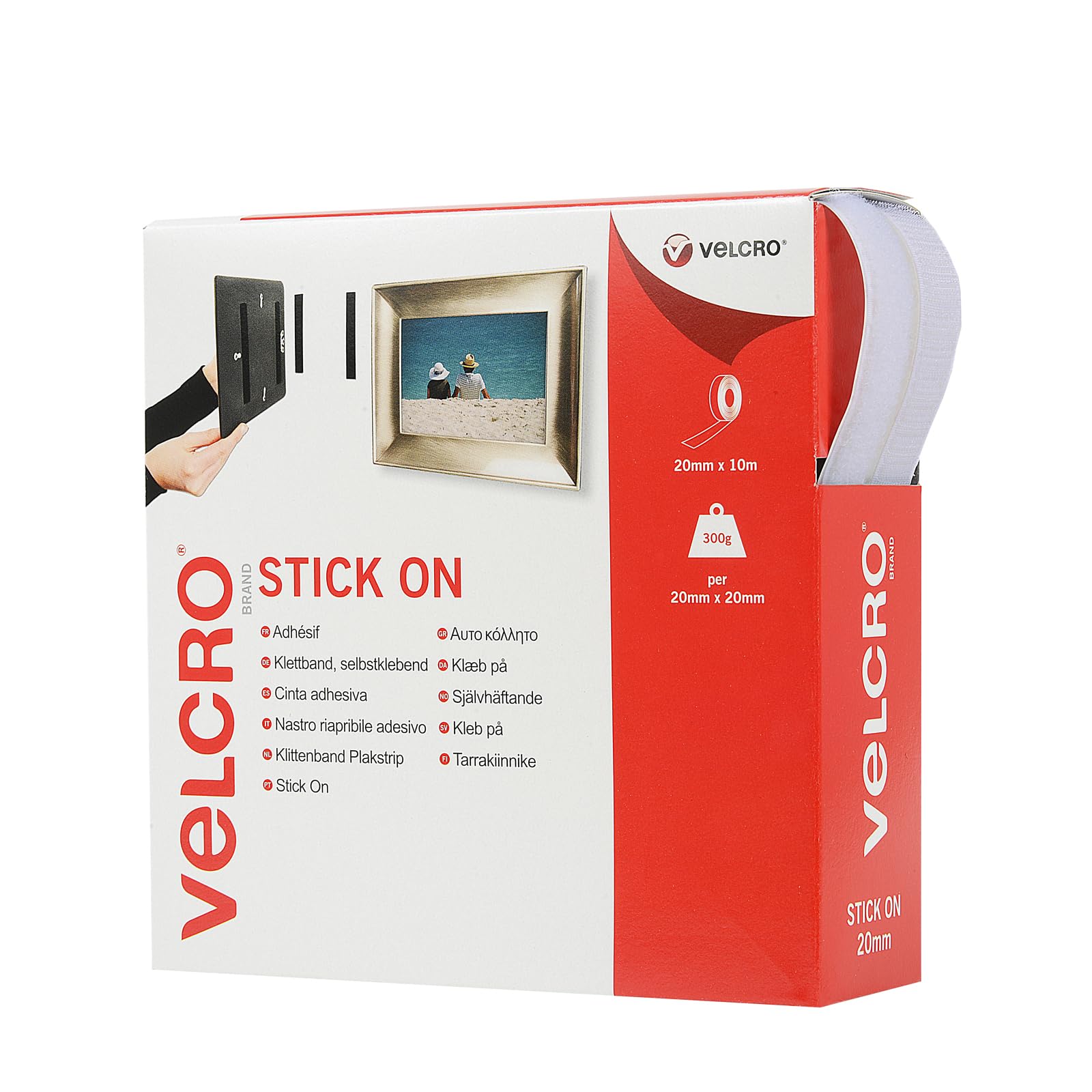 VELCRO® Brand | Stick On Tape | Cut-to-Length Strong Hook & Loop Self Adhesive Sticky Tape Perfect for Room Décor & Home, Office, Garage Use | White | 20mm x 10m