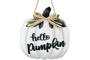 YUNKKIN Fall Door Decor Thanksgiving Hello Pumpkin Door Sign Fall Door Wreath with Bow Fall Decorations for Home Wooden Autumn Wreath Pumpkin Wall Decor Fall Porch Decor for Fall Farmhouse Indoor Decor White