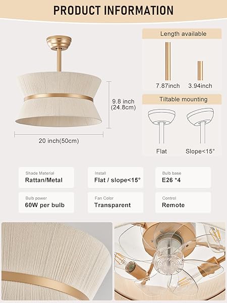 WONGU BOHO FANDELIER CEILING FAN WITH LIGHT AND REMOTE RATTAN CHANDELIER FAN GOLD CAGED CEILING FAN WITH LIGHT FOR BEDROOM, LIVING ROOM NURSERY，FOYER，KITCHEN（6 SPEED, TIMING ADJUSTABLE HEIGHT）