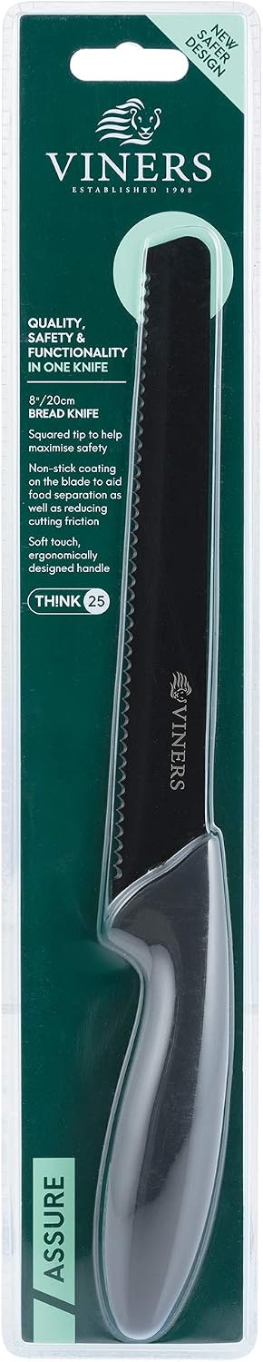 Viners Assure 8” Bread Knife Serrated Stainless Steel Blade with Squared Tip for Safety Soft Grip Handle, Non-Stick Coating - Image 3