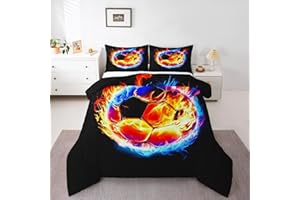 Feelyou Blue Orange Flame Soccer Bedding Set Twin Size Kids Soccer Ball Game Bedding Set for Boys Girls Teens Fire and Ice Du