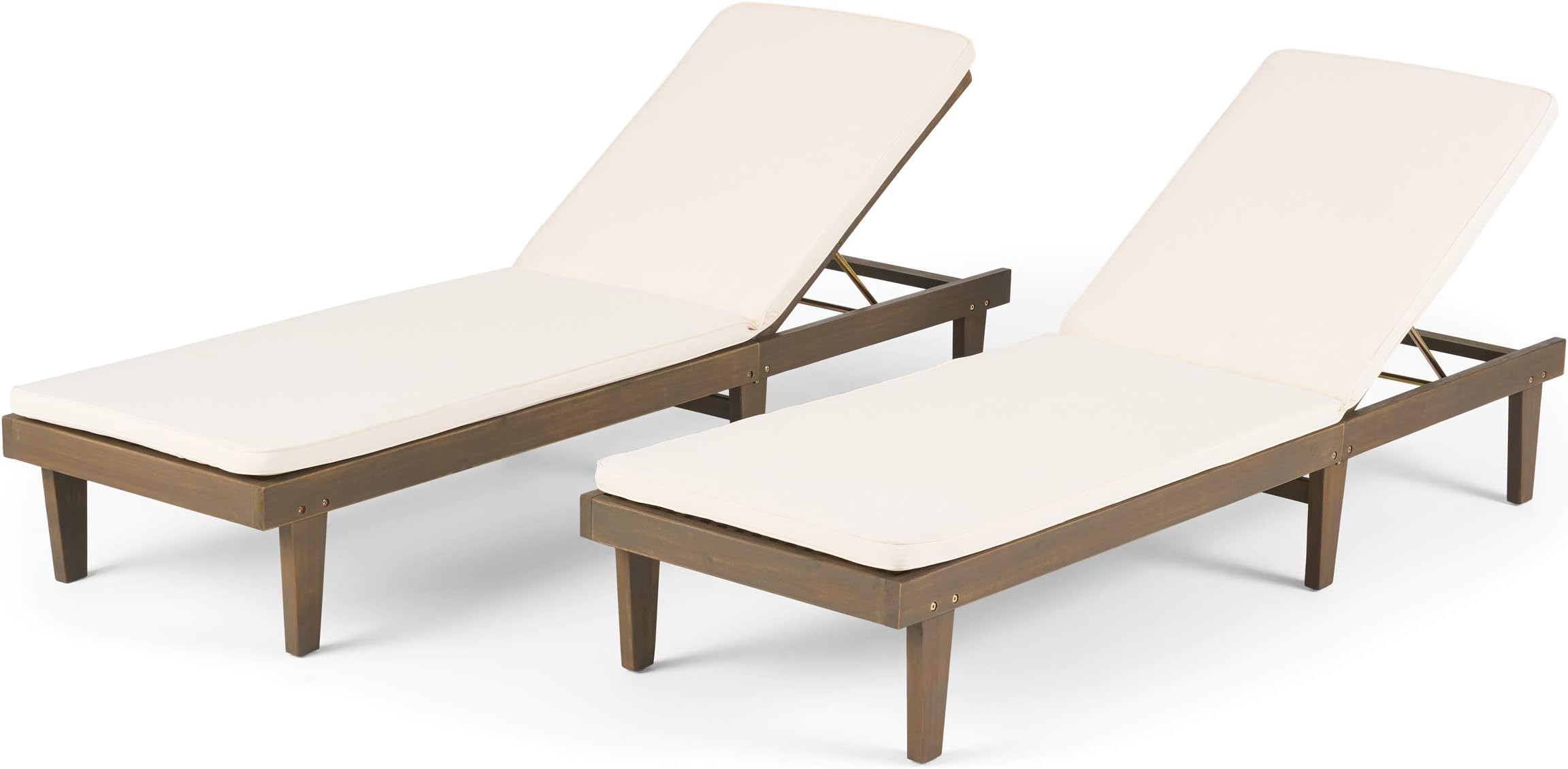 Madge Oudoor Modern Acacia Wood Chaise Lounge with Cushion (Set of 2), Gray and Cream