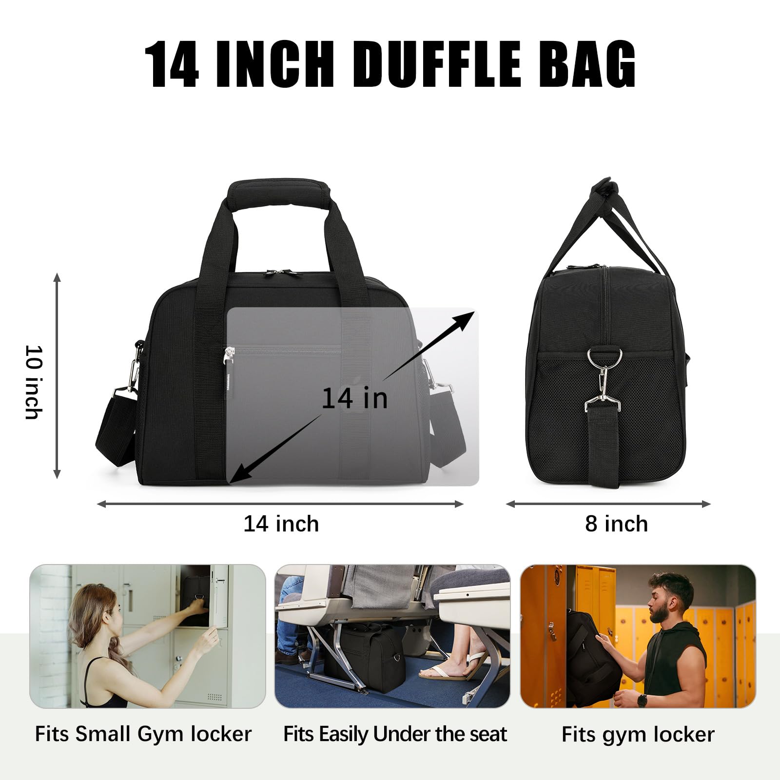 Searock 14 inch Small Gym Bag, Mini Duffel Bag for Women & Men, Carry On Lightweight for Travel Sport - Black