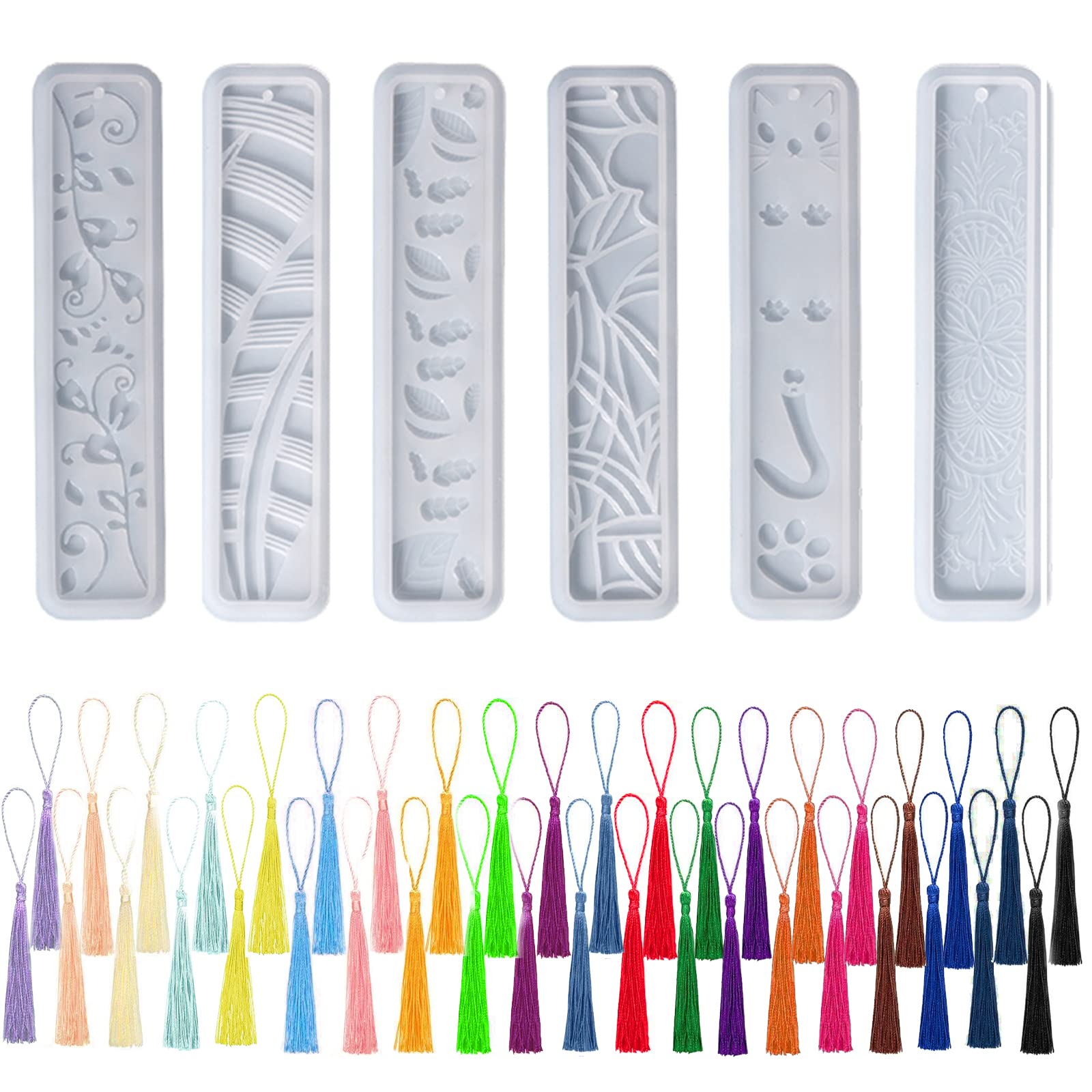 MUFEKUM 46 PCS Silicone Bookmark Mould for Resin With 40 Colorful Tassels - DIY Transparent Epoxy Resin Mold for Jewelry Craft Decoration