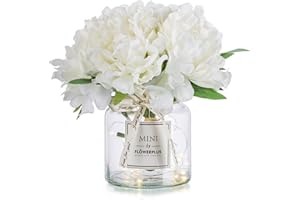 BLOSMON White Fake Flowers with Vase: Small Coffee Table Decor Bathroom Hydrangea Faux Flowers in Vase Office Desk Shelf Home