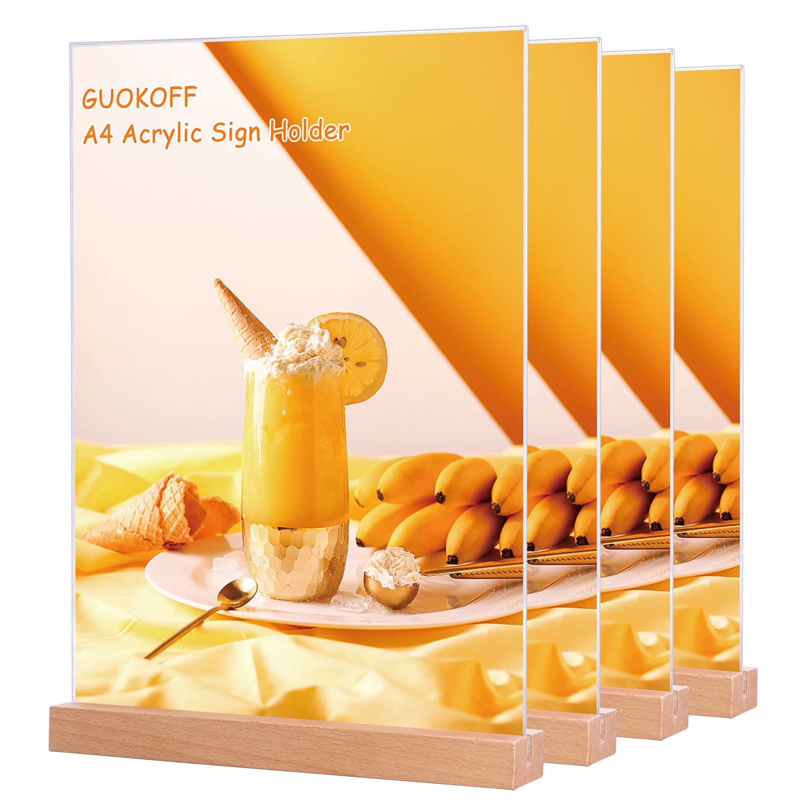 GUOKOFF A4 Acrylic Sign Holder, 4 Pack Table Menu Holders, T- Shape A4 Table Stands, Vertical Poster Holder A4 Display Stands with Wooden Base for Restaurant Hotel Bar