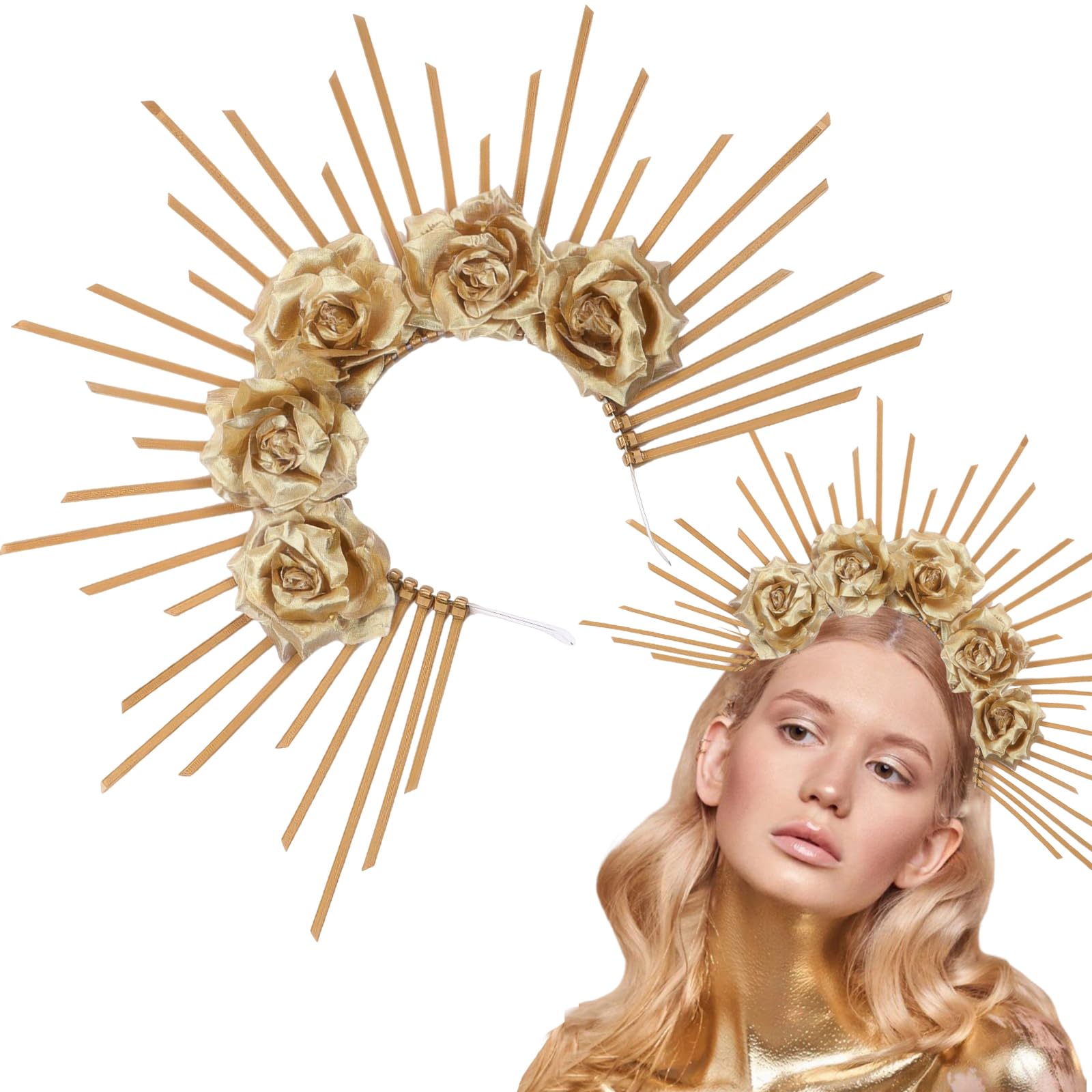 Photo 1 of BASEMMAHER Halo Sun Spike Crown Headband Sunburst Rose Flower Crown Headpiece for Women Halloween Cosplay Party Accessories (Gold)