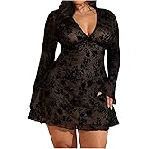BEAUDRM Women's Plus Size Vintage Floral Mesh Mini Dress Ruffle V Neck Bell Long Sleeve Going Out Dresses