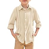 Haloumoning Boys Cuban Guayabera Shirt Kids Fashion Button Down Long Sleeve Shirts 5-14 Years