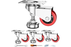 Homhoo 3" Leveling Plate Caster Wheels with Adjustable Anti-Vibration Leveling Foot Pad Heavy Duty Swivel casters for Workbench, Machine Equipment, Furniture Red Set of 4 Total Capacity 1800 Lbs