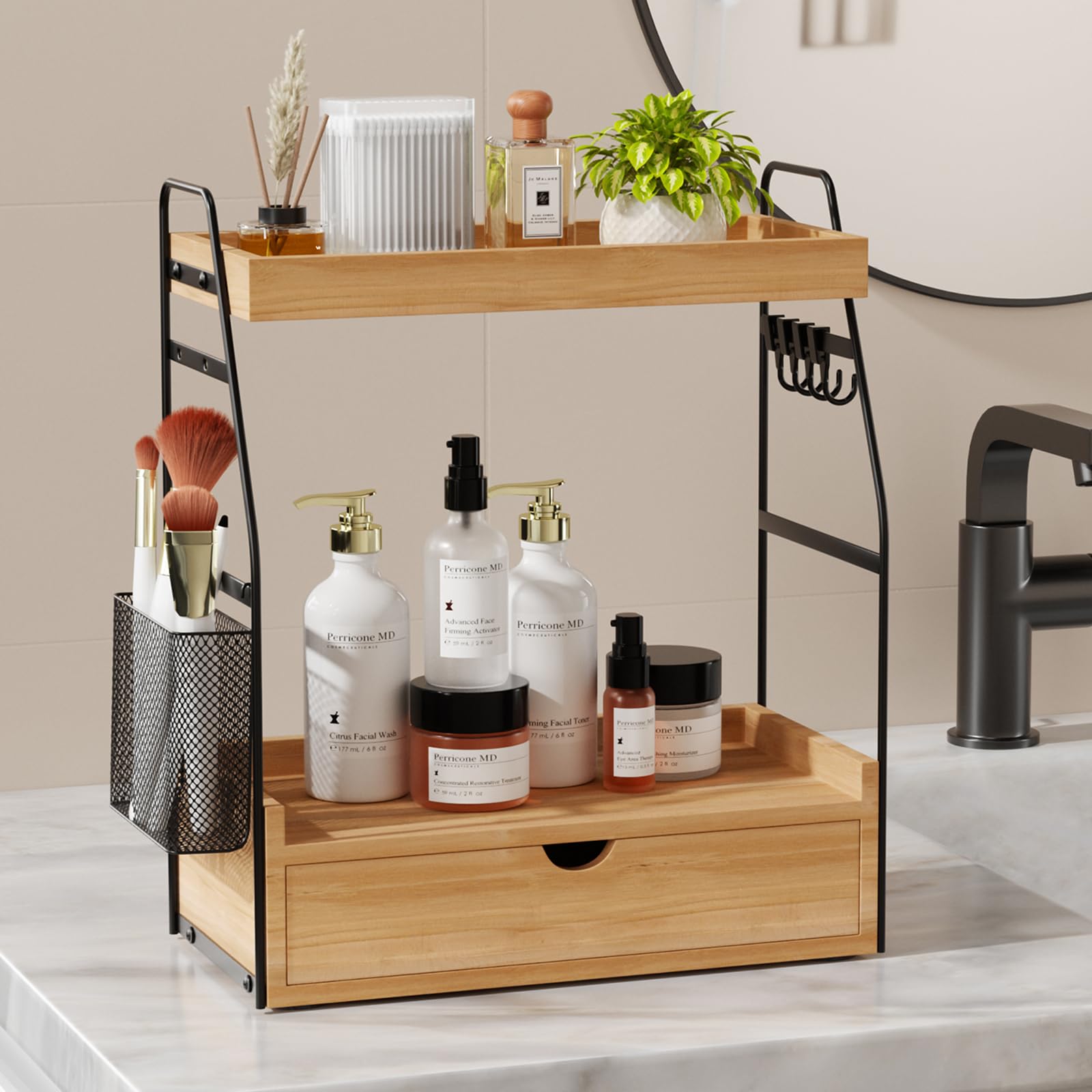 Photo 1 of 2 Tier Bathroom Counter Organizer with Drawer & Basket, Wooden Vanity Tray Countertop Shelf Accessories for Makeup Storage, Coffee Bar Station, Perfume Skincare, Kitchen, Bedroom (Brown)
