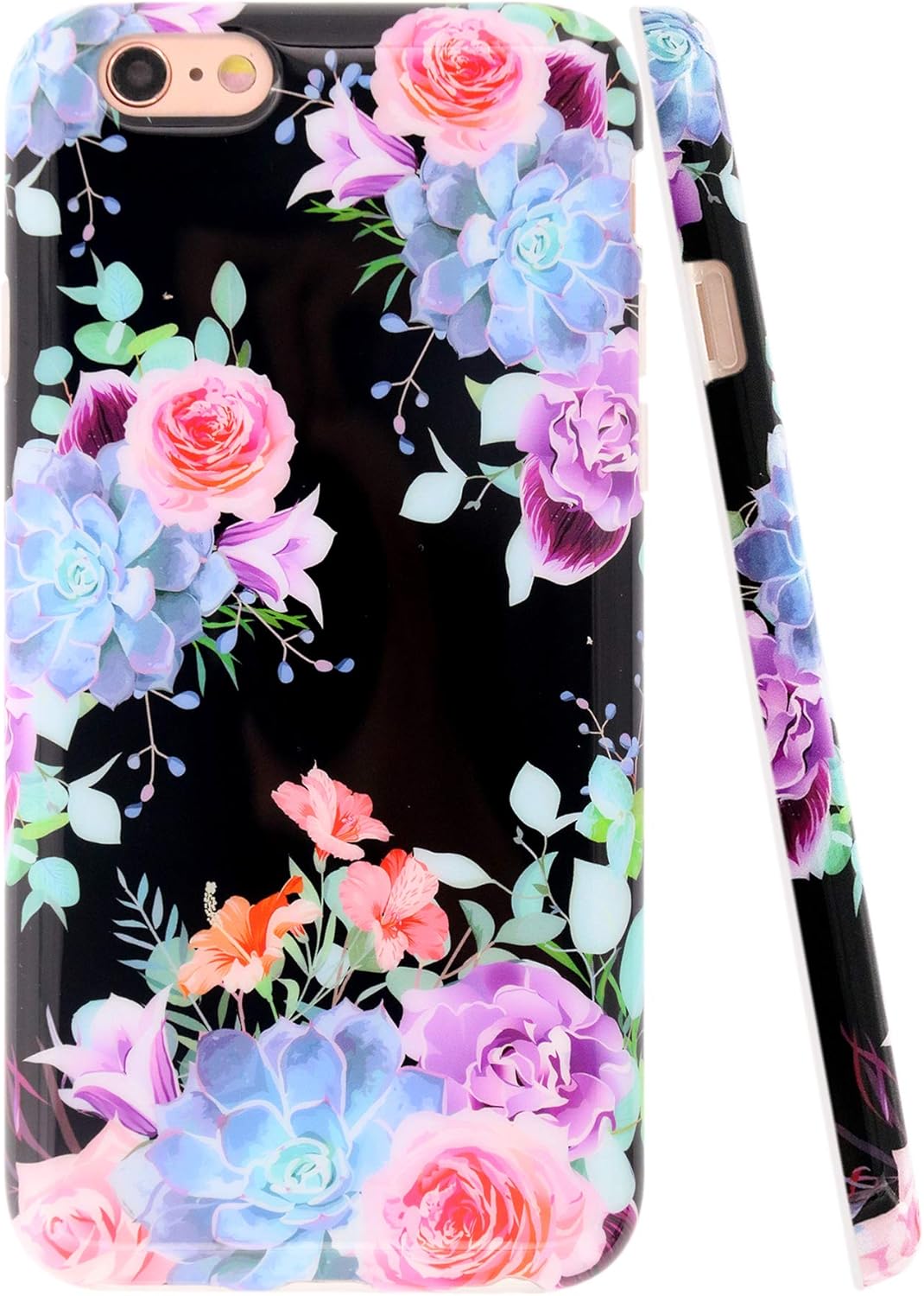 A-Focus Compatible with iPhone 6s Case Black Flower, iPhone 6 Case, Rose Floral Frosted IMD Design Series Protective Slim Fit Flexible TPU Case for iPhone 6 iPhone 6s 4.7 inch Glossy Flower Purple