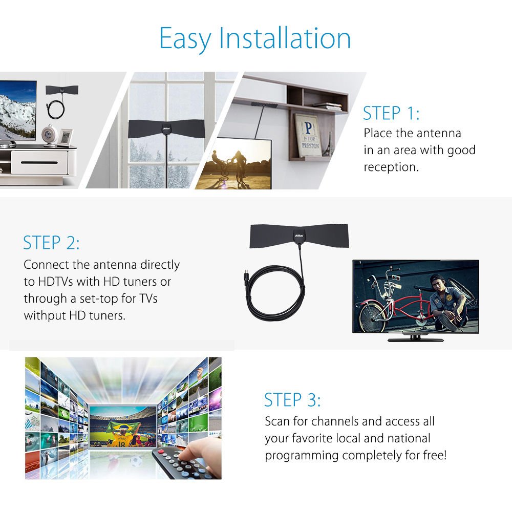 Riiai Digital HDTV Antenna Indoor 25 Mile Range HD Clear Signal Coax Cable High Gain Flat Design 4dBi High Performance (25 Mile SLVD07DB-N)