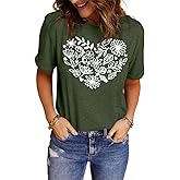 Flower Heart Shirt for Women Casual Cute Short Sleeve Wild Flowers Floral Petal Graphic Tees Tops