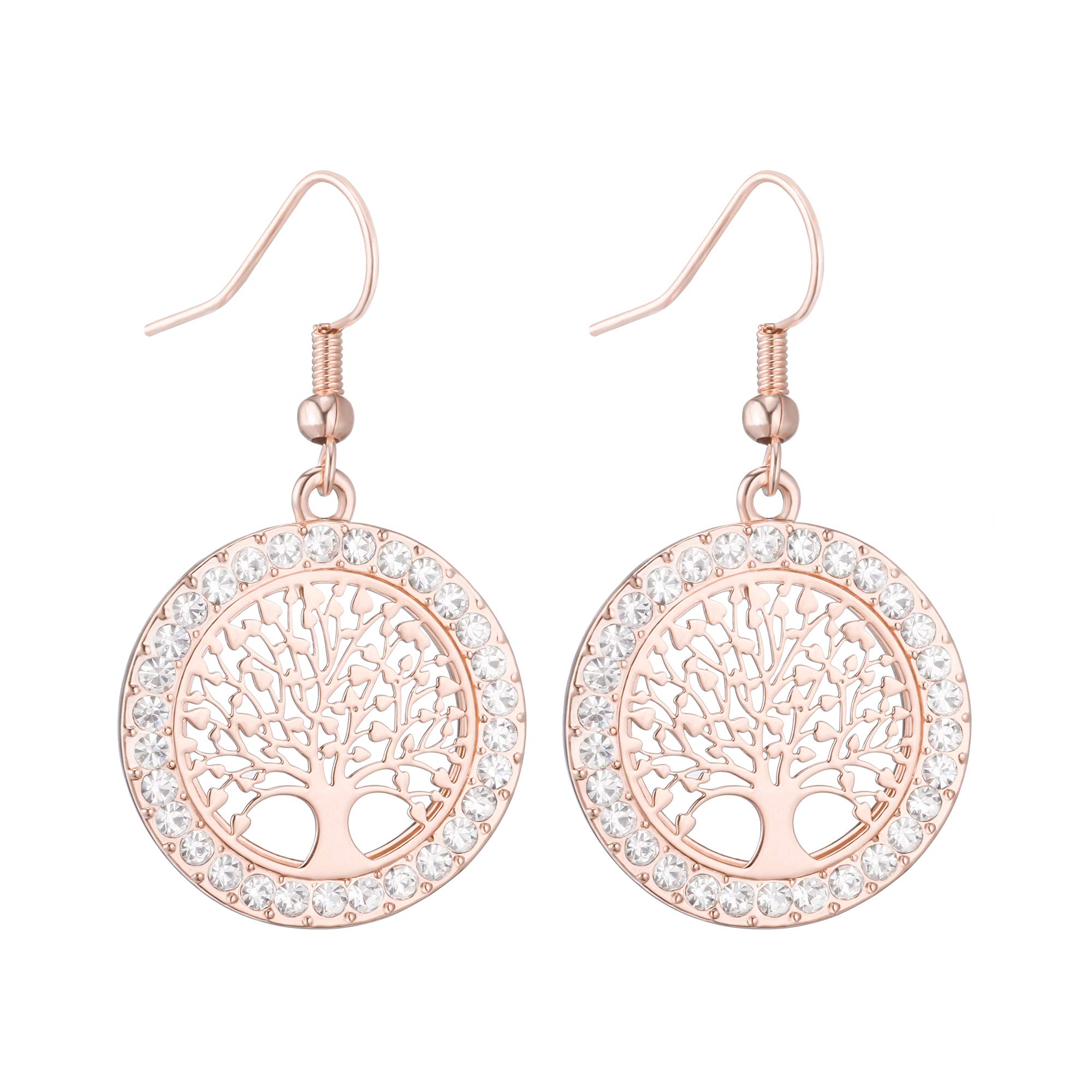 Gold Plated Women’s Dangle Earring, Celtic Tree of Life Drop Earring for Girls Anti-allergy Earring Shining Rhinestone (Rose Gold)
