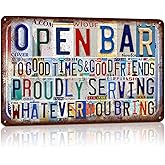 Vintage Open Bar Metal Tin Signs Wall Decor 12 x 8 Inches - Open Bar To Good Times & Good Friends Proudly Serving Whatever You Bring