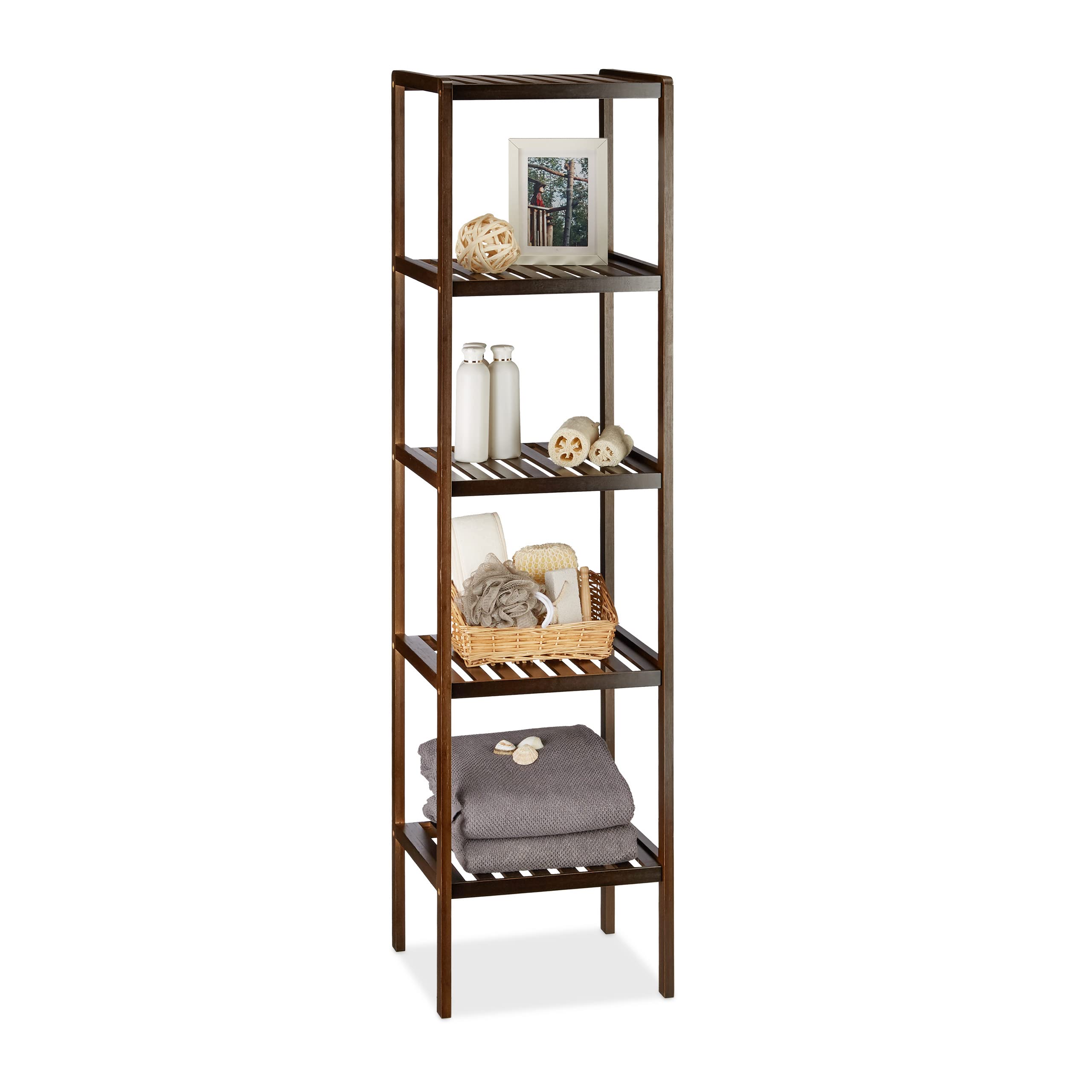 Relaxdays Bamboo Bath Rack, 5 Shelves, HxWxD: 139.5 x 34.5 x 33 cm, Tall Freestanding Shelving Unit, Wooden Shelves, Dark Brown