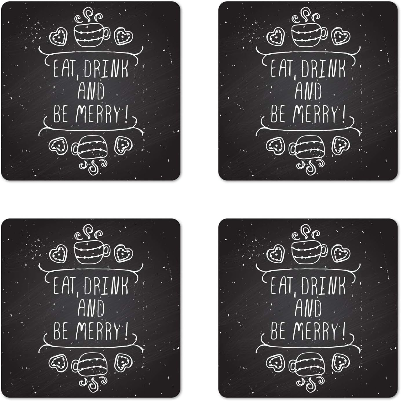 Amazon Com Ambesonne Eat Drink And Be Merry Coaster Set Of 4 Inspiration Calligraphy On Grunge Chalkboard Coffee Hearts Square Hardboard Gloss Coasters For Drinks Charcoal Grey White Coasters amazon com