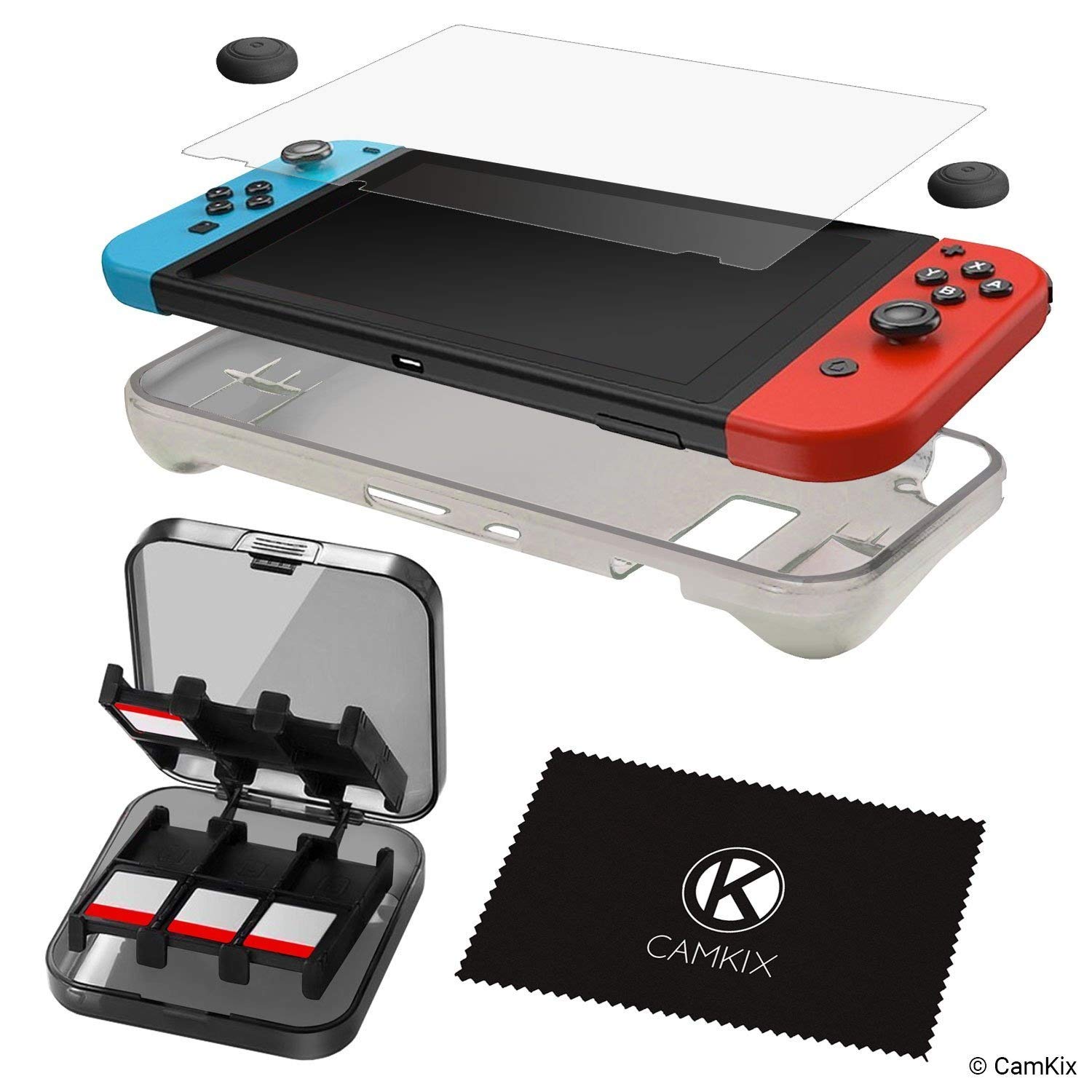 CAMKIX Compatible Storage and Protection Kit Replacement for Nintendo Switch: Silicone TPU Cover, Anti Scratch Screen Protector, Storage Case for 24 Game Cards, Thumb Grip Covers, Cleaning Cloth