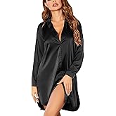 Ekouaer Satin Nightgown for Women Button Down Silk Sleepshirts Sexy V Neck Night Gown Long Sleeve Night Shirts S-3XL