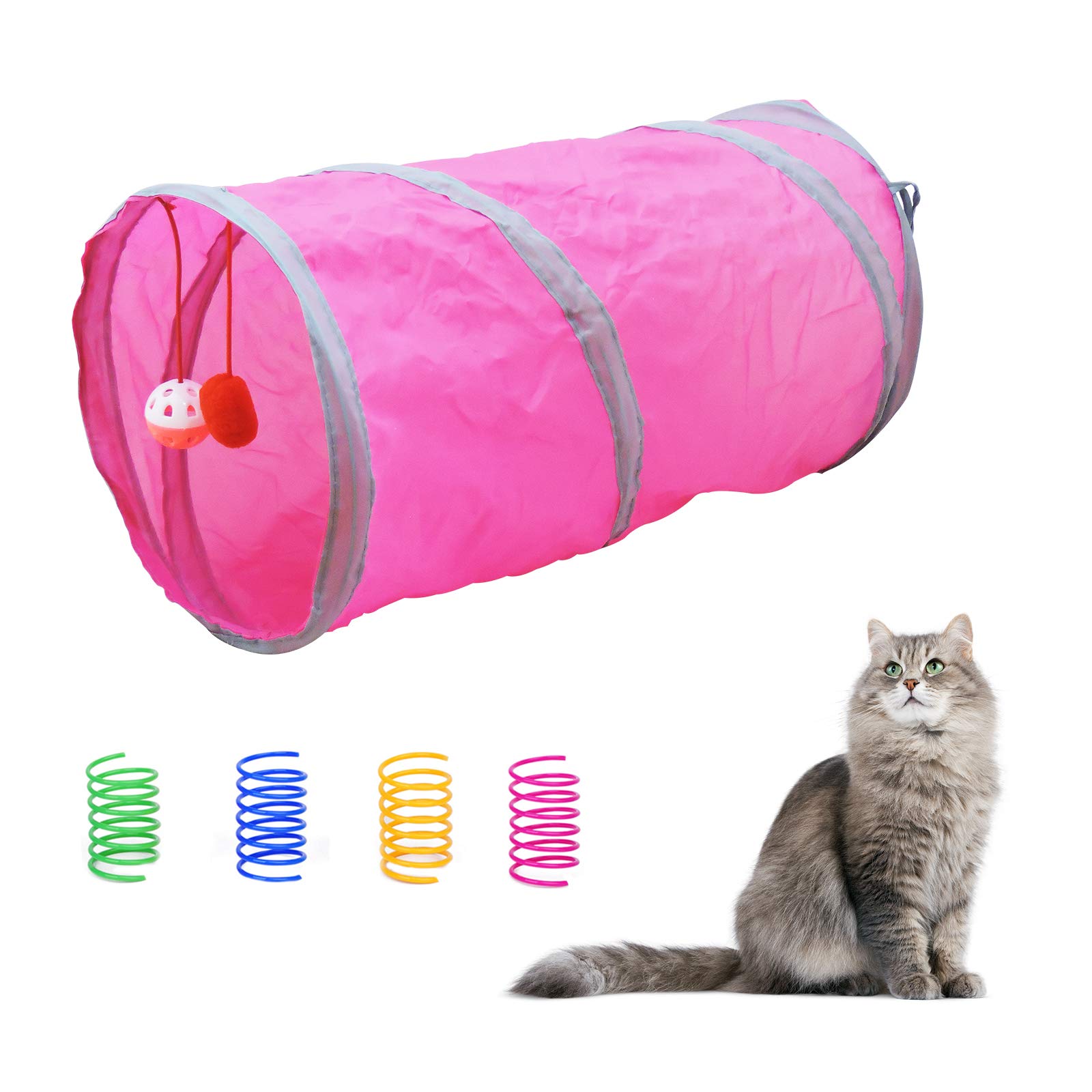 Andiker Cat Tunnel & 4 Cat Spring Toys, Collapsible Cat Toys for Indoor Cats Interactive Sound Paper Cat Cute Tube Toy with a Bell Toy & a Soft Ball, Colorful Spiral Springs for Cat, Rabbits (Pink)