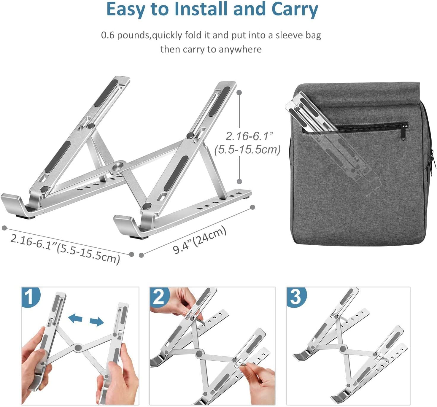 Laptop Stand, iVoler Laptop Holder Riser Computer Tablet Stand, 6 Angles Adjustable Aluminum Ergonomic Foldable Portable Desktop Holder Compatible with MacBook,iPad, HP, Dell, Lenovo 10-15.6” Silver