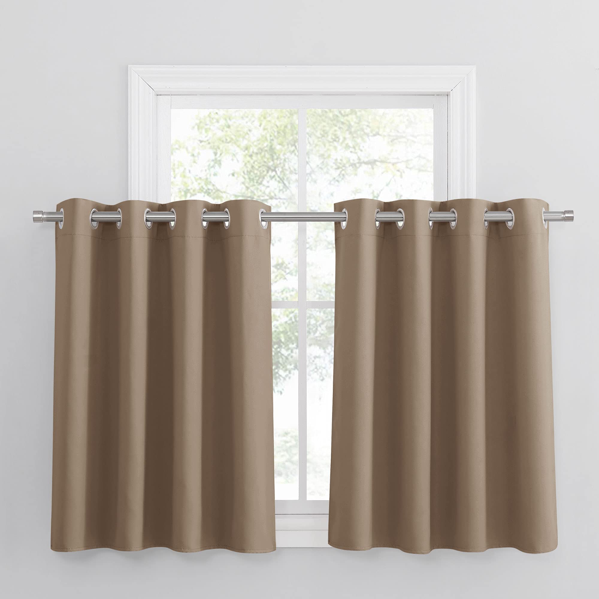 PONY DANCE Mocha Short Blackout Curtains for Kitchen Window Thermal Insulated Light Blocking Privacy Curtains Energy Saving Room Darkening Panels with Eyelet, 52 x 36 Inch, 2 Panels