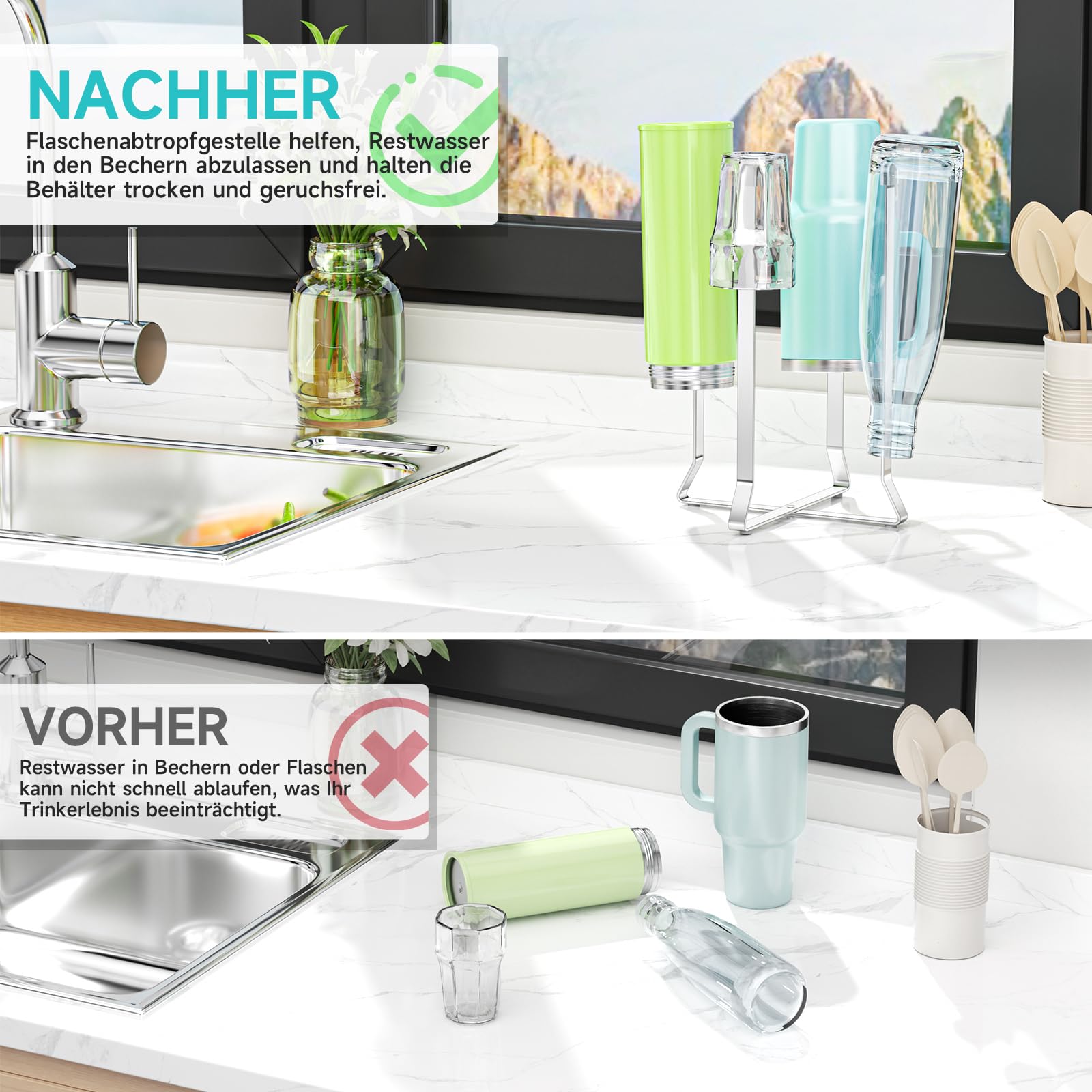 Abtropfgestell Flaschen, Flaschenhalter Küche, Faltbarer Flaschenständer zum Abtropfen, Edelstahl Babyflaschen Trockenständer,Flaschenhalter Abtropfständer, für Plastiktüten, Flaschen (1, Sliver) 6