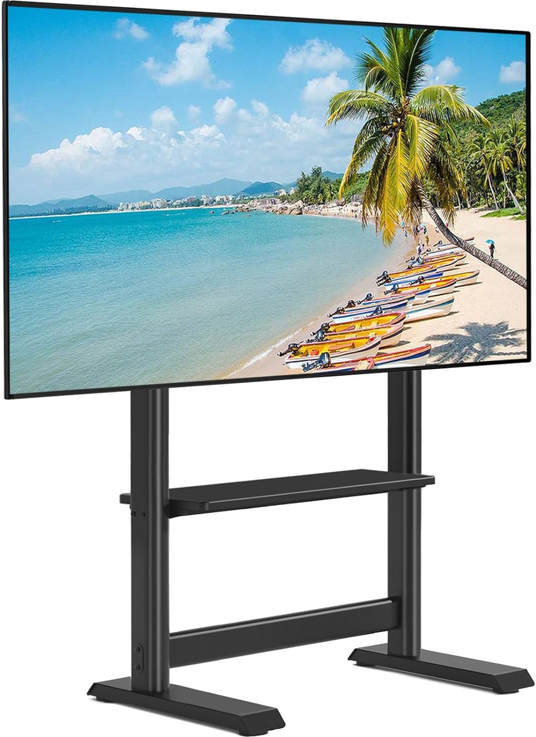 TVON Heavy Duty Floor TV Stand for 55-100 inch Large TVs up to 150 lbs, Universal Tall TV Stand with Mount, Height Adjustable TV Floor Stand with Large Storage Shelf for Living Room, Black